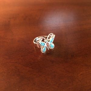 Vintage turquoise and coral butterfly ring, size 5